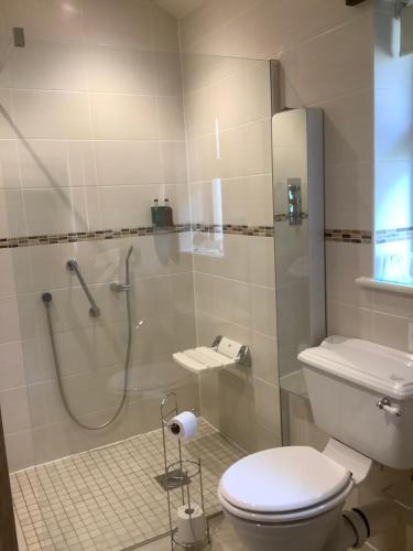 a bathroom with a toilet and a glass shower at Orchard Cottage, Clematis cottages, Stamford. Accessible luxury home. in Stamford