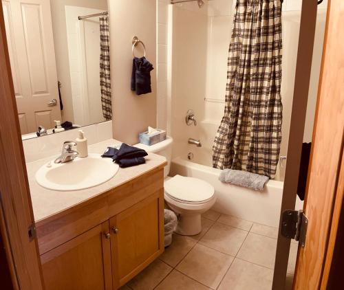 a bathroom with a sink and a toilet and a shower at Wanna get away this summer in Canmore