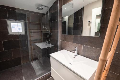 une salle de bain avec un lavabo et une douche avec un miroir dans l'établissement CHEZ FLO, à Saint-Léonard