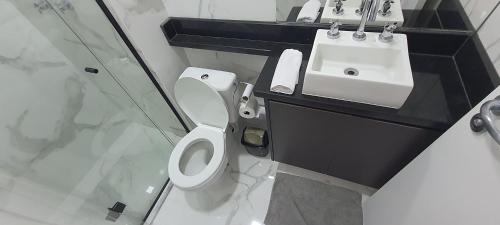 La salle de bains est pourvue de toilettes blanches et d'un lavabo. dans l'établissement Ótimo Apto no Centro, perto de tudo!, à Poços de Caldas