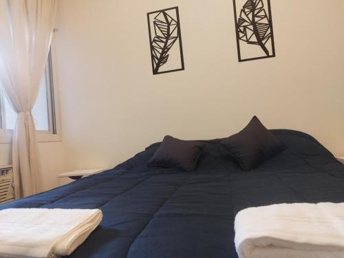 1 dormitorio con cama azul y almohadas blancas y negras en Ubicación Aristides Parque 2 en Mendoza