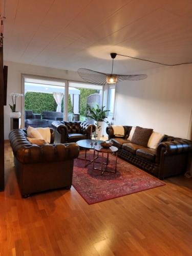 Zona d'estar a Modern and luxurious house -13 min by train from Gothenburg