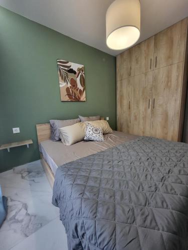 MT APARTMENTS في نيوي إيبيفاتاي: غرفة نوم بسرير كبير وجدار أخضر
