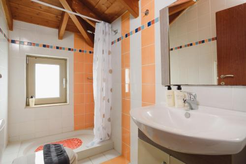 a bathroom with a sink and a shower at Marilena Mare Seaside House in Ialyssos