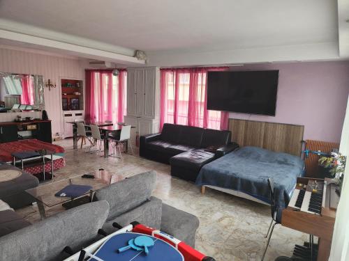 un salon avec un canapé et une télévision à écran plat dans l'établissement Big apart 140m2 5min walk to beach sea &Promenade 3 double rooms,big living room 42m2, 3 showers,9 beds, free parking, à Nice