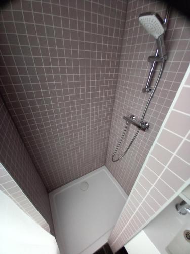 a shower in a bathroom with a toilet at TIJ Tiny house aan het getijdewater in Zierikzee in Zierikzee