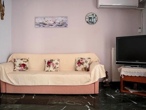 a living room with a couch and a flat screen tv at Νatasas Place in Evia in Amarinthos