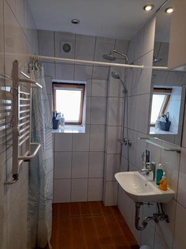 a bathroom with a shower and a sink at Apartament LUA in Ustka