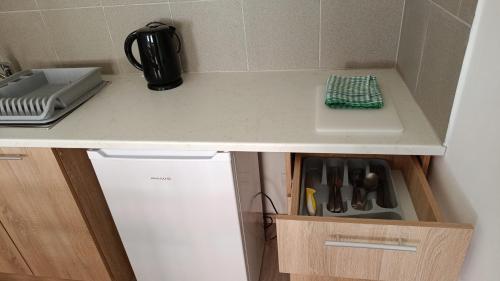 a kitchen with a counter top with a cupboard at Apartmány Javorník in Javorník