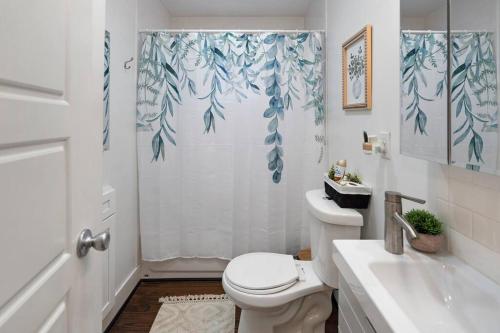a bathroom with a toilet and a shower curtain at Historic Heights Cozy Nook Apartment in Houston