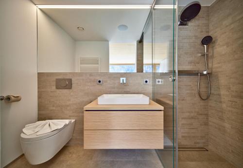 a bathroom with a toilet and a sink and a shower at Design Villa M in Gortipohl