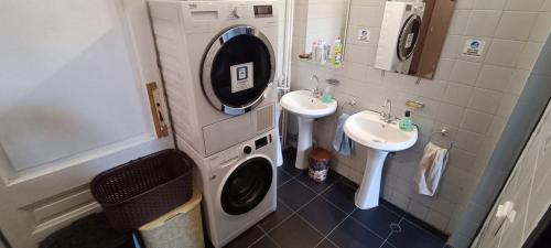 baño pequeño con lavadora y lavamanos en Best private rooms In the center, en Sofía