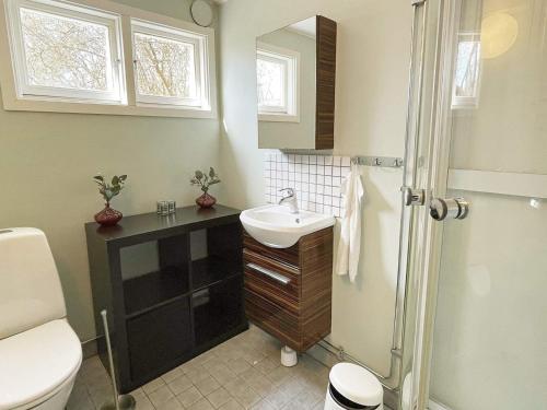 a bathroom with a sink and a toilet and a shower at Holiday home RAA HELSINGBORG in Pålstorp