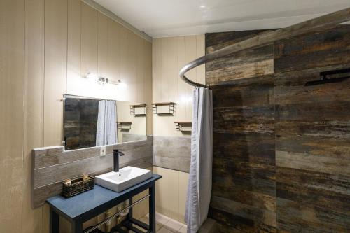 a bathroom with a sink and a wooden wall at South Coast Horizon in Curtain Bluff