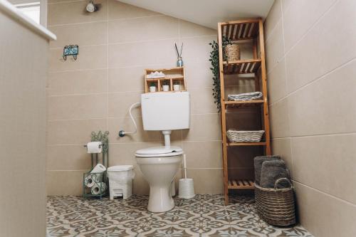 a bathroom with a toilet in a room at קרן אור בגליל העליון in ‘Amir