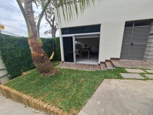 a palm tree in front of a house at Cute Escazú Loft -Great view- in Escazu