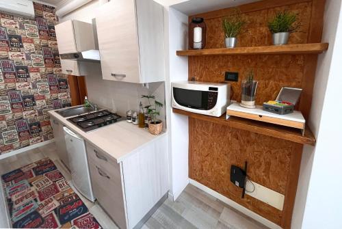 a small kitchen with a stove and a microwave at DMC Residence - Alloggi Turistici in Anzio