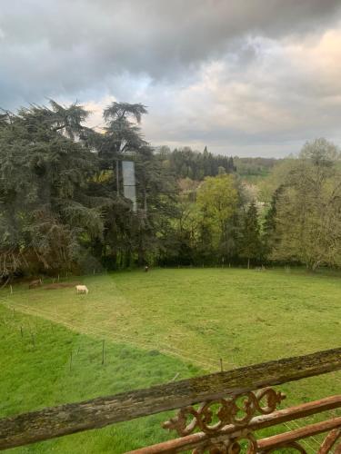 un campo verde con una valla y animales dentro en Suite privée rose au Château de la Franceule, en Janzé