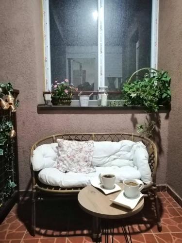 a white couch sitting under a window with a table at MB apartman in Obrenovac