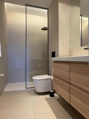 a bathroom with a toilet and a glass shower at Apartamento em frente à Praia in São Martinho do Porto
