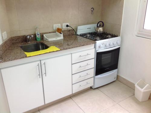 uma cozinha com um lavatório e um fogão em Departamento Olivos-zona puerto em Olivos