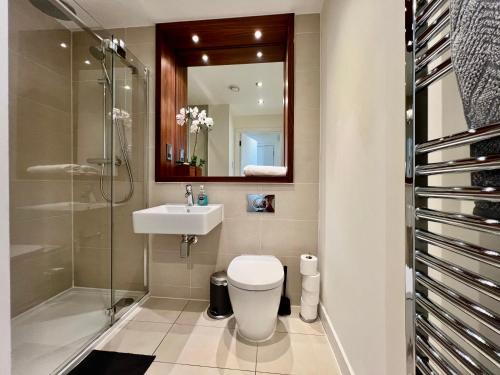 een badkamer met een toilet, een wastafel en een douche bij FruitTrees Serviced Apartment in Cambridge