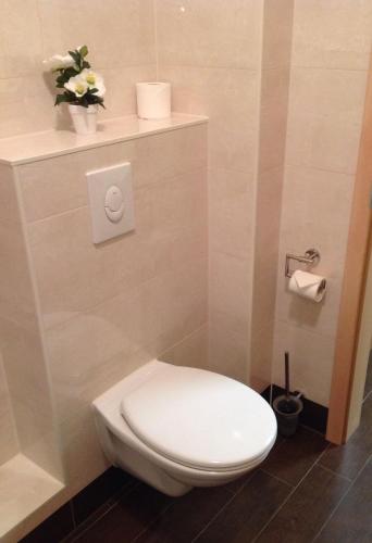 a bathroom with a toilet with a flower vase on a shelf at Pension an der Werft in Rostock