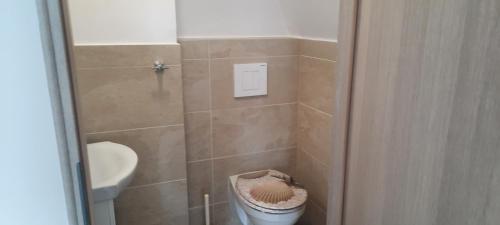 a small bathroom with a toilet and a sink at Boróka Ház in Orfű