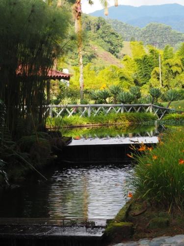 a pond in a garden with a white bridge at Finca Turística de Alojamiento Rural Avalon in Jardin