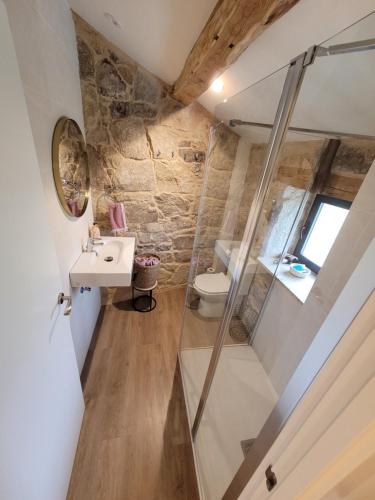 a bathroom with a shower and a sink and a toilet at Casa Leirón in Parada del Sil