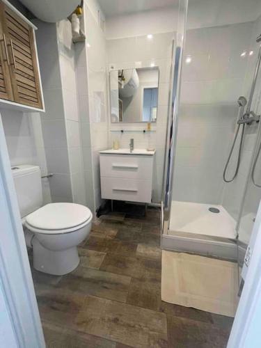 une salle de bain avec toilettes, douche et lavabo dans l'établissement Studio VUE MER terrasse, à La Ciotat