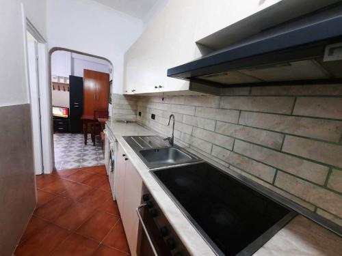 a kitchen with a sink and a brick wall at Lovely appartament B in Tirana