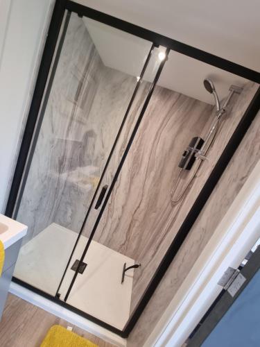 a shower with a glass door in a bathroom at Honey Pot Lodge in Ashwater