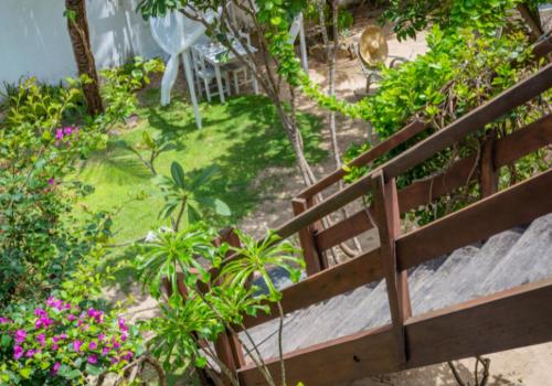 an overhead view of a garden with flowers and plants at casa jasmin in Jericoacoara
