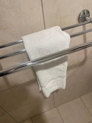 a white towel is on a towel rack in a shower at BPS apartment 3 in Taupo