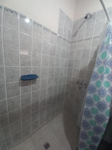 a shower with a blue shower curtain in a bathroom at Hospedaje Ale in Iruya