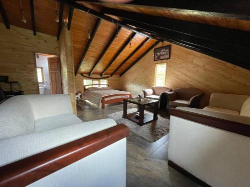 um quarto com uma cama, um sofá e uma mesa em Acogedora Cabaña Chalet en Medio de la Naturaleza em Aquitania