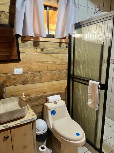 y baño con aseo, lavabo y ducha. en Cabaña Trojas Valverde Vega en Trojas
