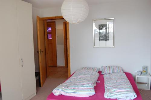 a bed in a room with a purple blanket at Londadusa in Sedrun