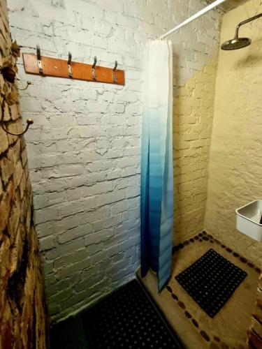 a shower with a glass door in a room at Gluosnių vila - Adutiškio pirtis in Švenčionys
