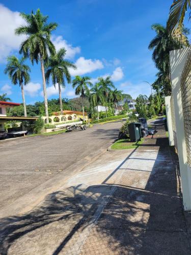 a street with palm trees on the side of a road at oasis with pool near Panama Canal in Panama City