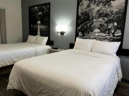 una camera d'albergo con due letti con lenzuola bianche di Super 8 by Wyndham Rosenberg TX a Rosenberg