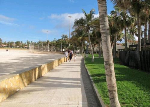 people walking down a sidewalk next to palm trees at Fuertevida in Caleta De Fuste