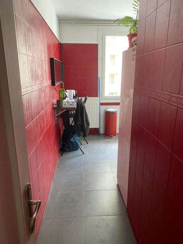 a red kitchen with a table and a red wall at Chambre meublée verte boulevard Joseph vallier in Grenoble