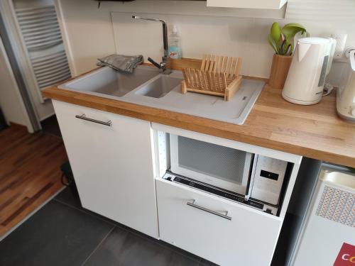 une cuisine avec un évier et un micro-ondes dans l'établissement Les Gîtes De La Caneda, à Sarlat-la-Canéda