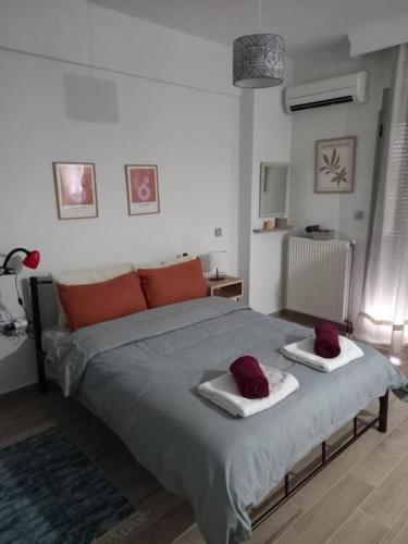 een slaapkamer met een bed met rode kussens erop bij VagelisHome in Komotini