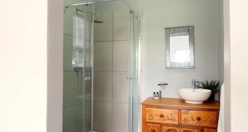 a bathroom with a glass shower and a sink at Klein Karoo Game Lodge in Oudtshoorn