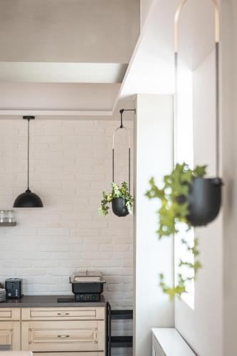 a kitchen with white brick walls and potted plants at Magtár Villa in Bóly