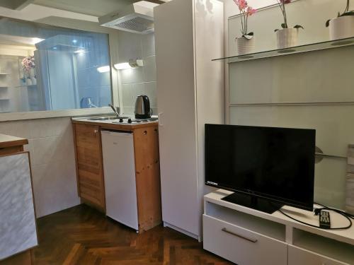 ein Wohnzimmer mit einem TV und einer Küche in der Unterkunft Liberty Bridge Zenta in Budapest