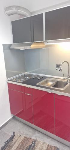 eine Küche mit roten Schränken und einem Waschbecken in der Unterkunft Cosy studio in Pilea Thessaloniki in Thessaloniki